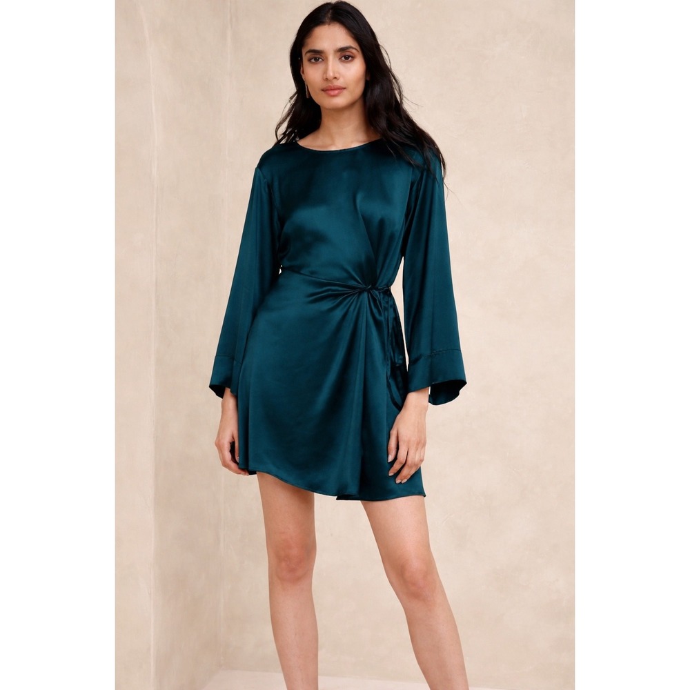 Banana Republic Treccia Satin Mini Dress Size XXS Petite Teal Tie Waist Cocktail